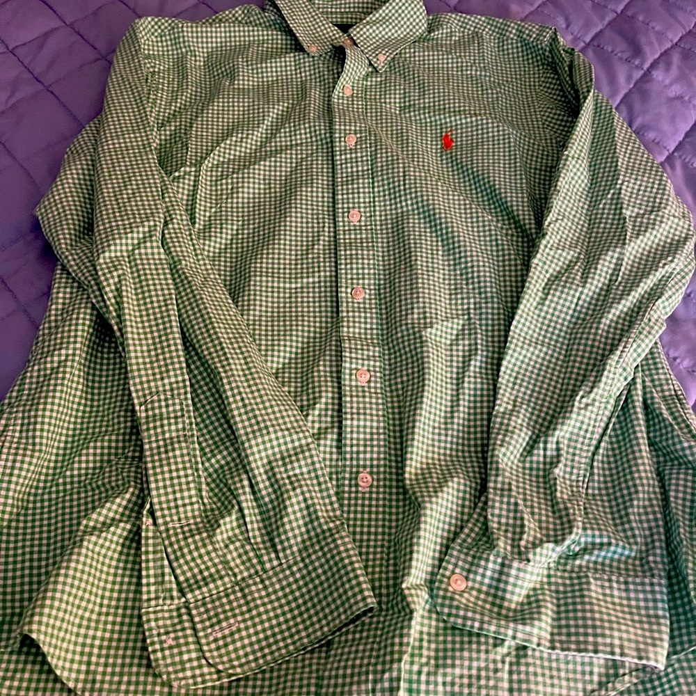 Ralph Lauren Polo Men’s green white gingham button down shirt.  Men’s large